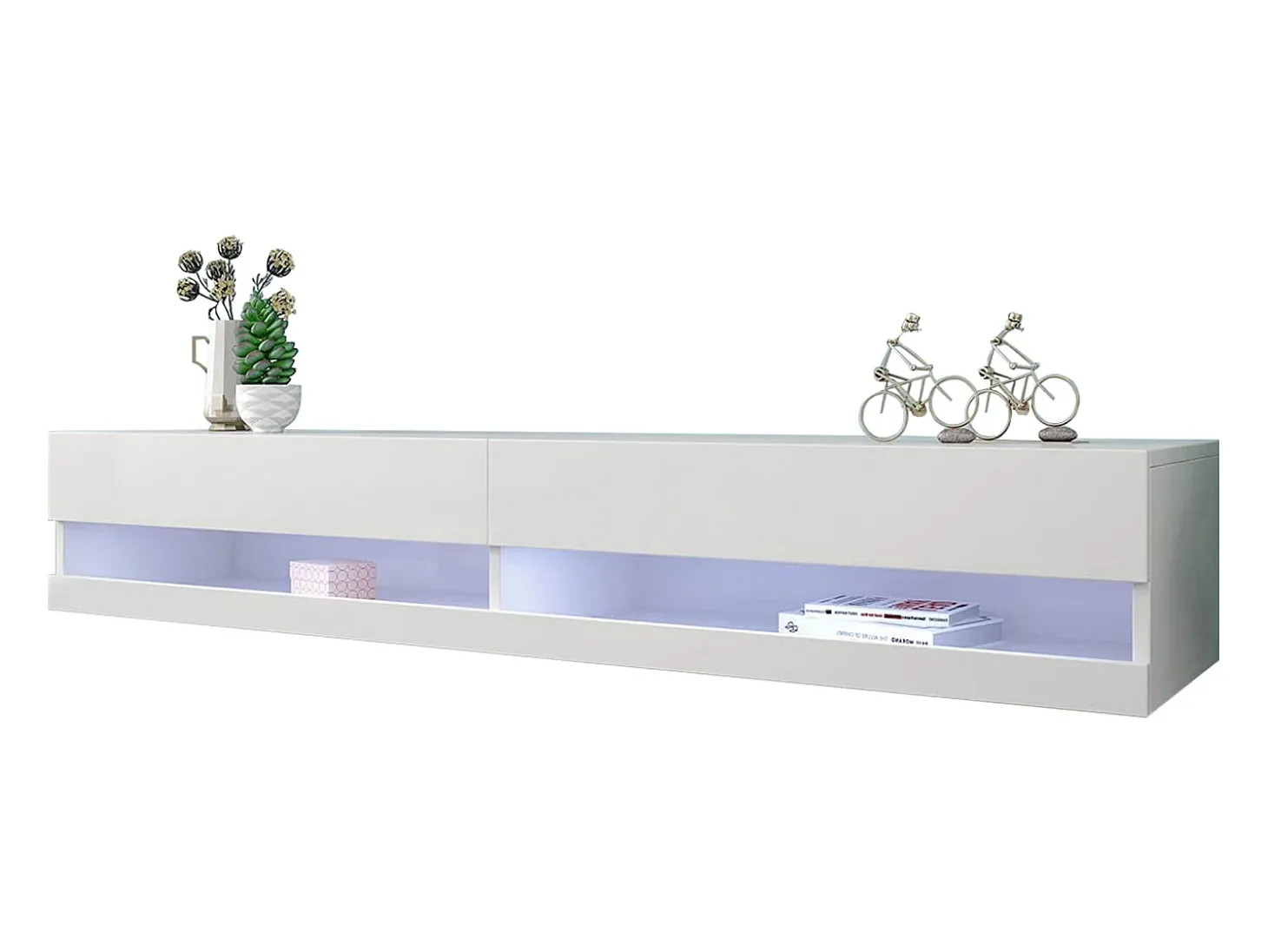 Móvel de TV branco para parede com espaço de arrumação e iluminação LED - Acabamento brilhante