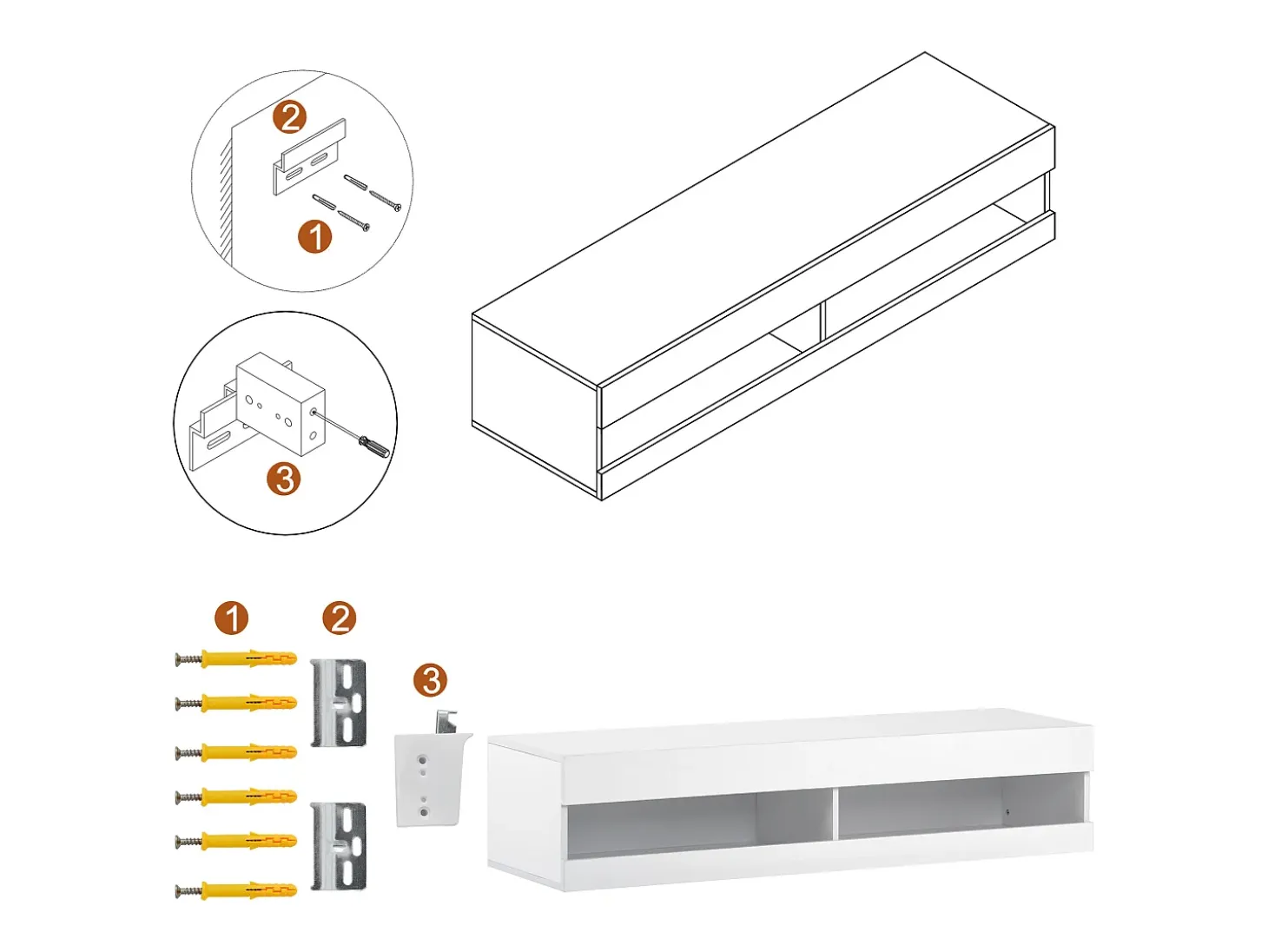 Móvel de TV branco para parede com espaço de arrumação e iluminação LED - Acabamento brilhante