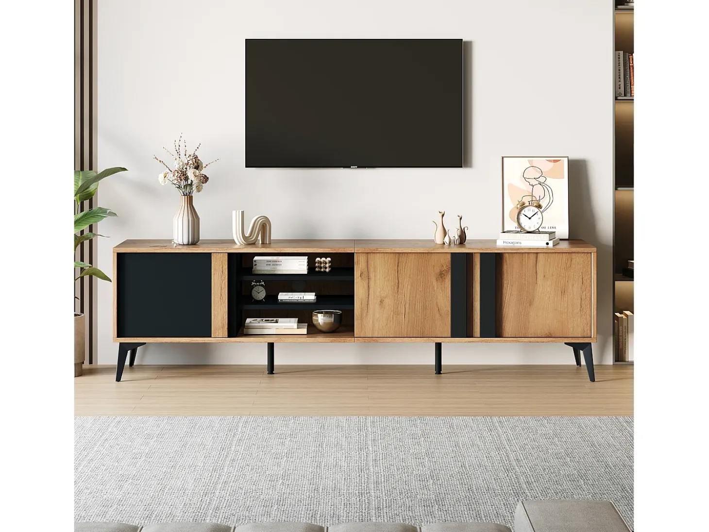 Móvel de TV castanho com 3 portas e arrumação aberta, 180x40x50 cm