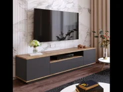 Móvel de TV Cinza e Madeira 180 cm TYRO Estilo Contemporâneo com Arrumação - Pinho Atlântico e Antracite
