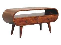 Móvel de TV circular Artisan Furniture em castanheiro, 2 gavetas, 1 prateleira aberta, castanho