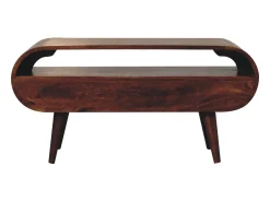 Móvel de TV circular Artisan Furniture em castanheiro, 2 gavetas, 1 prateleira aberta, castanho