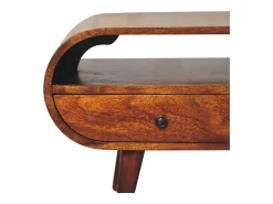 Móvel de TV circular Artisan Furniture em castanheiro, 2 gavetas, 1 prateleira aberta, castanho