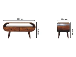 Móvel de TV circular Artisan Furniture em castanheiro, 2 gavetas, 1 prateleira aberta, castanho