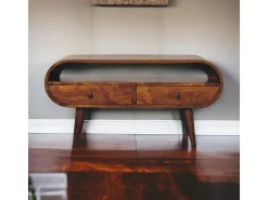 Móvel de TV circular Artisan Furniture em castanheiro, 2 gavetas, 1 prateleira aberta, castanho