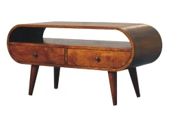 Móvel de TV circular Artisan Furniture em castanheiro, 2 gavetas, 1 prateleira aberta, castanho