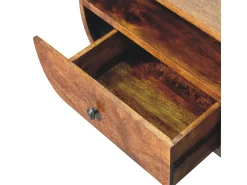 Móvel de TV circular Artisan Furniture em castanheiro, 2 gavetas, 1 prateleira aberta, castanho
