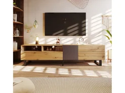 Móvel de TV com 2 portas, 2 gavetas e 2 nichos, carvalho e cinza, pés de metal preto