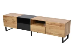 Móvel de TV com 2 portas, 2 gavetas e 2 nichos - aspecto madeira - madeira MDF e metal dourado - cores: carvalho e preto