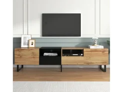 Móvel de TV com 2 portas, 2 gavetas e 2 nichos - aspecto madeira - madeira MDF e metal dourado - cores: carvalho e preto
