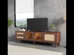Móvel de TV com 3 portas, 2 gavetas de vime e LEDs, em folheado de madeira marrom
