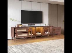 Móvel de TV com 3 portas, 2 gavetas de vime e LEDs, em folheado de madeira marrom