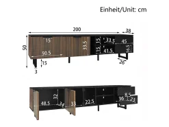 Móvel de TV com 2 portas, 2 gavetas e 2 nichos, LED incluído, em folheado de mármore preto e madeira escura - 200x38x50cm
