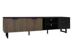 Móvel de TV com 2 portas, 2 gavetas e 2 nichos, LED incluído, em folheado de mármore preto e madeira escura - 200x38x50cm