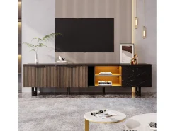 Móvel de TV com 2 portas, 2 gavetas e 2 nichos, LED incluído, em folheado de mármore preto e madeira escura - 200x38x50cm