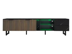 Móvel de TV com 2 portas, 2 gavetas e 2 nichos, LED incluído, em folheado de mármore preto e madeira escura - 200x38x50cm