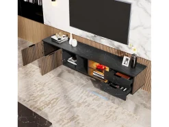 Móvel de TV com 2 portas, 2 gavetas e 2 nichos, LED incluído, em folheado de mármore preto e madeira escura - 200x38x50cm