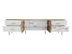 Móvel de TV com 2 portas de vidro temperado marrom e 4 gavetas, tampo em folheado de mármore branco, corpo branco e dourado