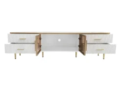 Móvel de TV com 2 portas de vidro temperado marrom e 4 gavetas, tampo em folheado de mármore branco, corpo branco e dourado