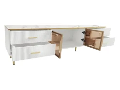 Móvel de TV com 2 portas de vidro temperado marrom e 4 gavetas, tampo em folheado de mármore branco, corpo branco e dourado