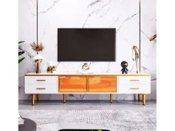 Móvel de TV com 2 portas de vidro temperado marrom e 4 gavetas, tampo em folheado de mármore branco, corpo branco e dourado