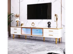 Móvel de TV com 2 portas de vidro temperado marrom e 4 gavetas, tampo em folheado de mármore branco, corpo branco e dourado