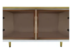 Móvel de TV com 2 portas de vidro temperado marrom e 4 gavetas, tampo em folheado de mármore branco, corpo branco e dourado