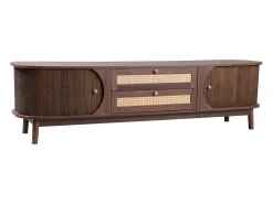 Móvel de TV com 2 portas de correr e 2 gavetas em rattan, folheado a madeira castanha