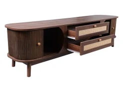 Móvel de TV com 2 portas de correr e 2 gavetas em rattan, folheado a madeira castanha