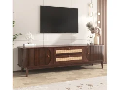 Móvel de TV com 2 portas de correr e 2 gavetas em rattan, folheado a madeira castanha