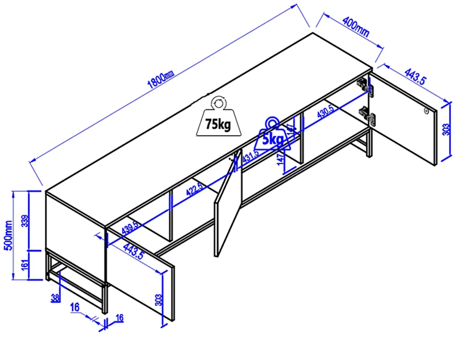 Móvel de TV com 3 portas e 2 nichos em MDF - Natural e preto - CARATANA