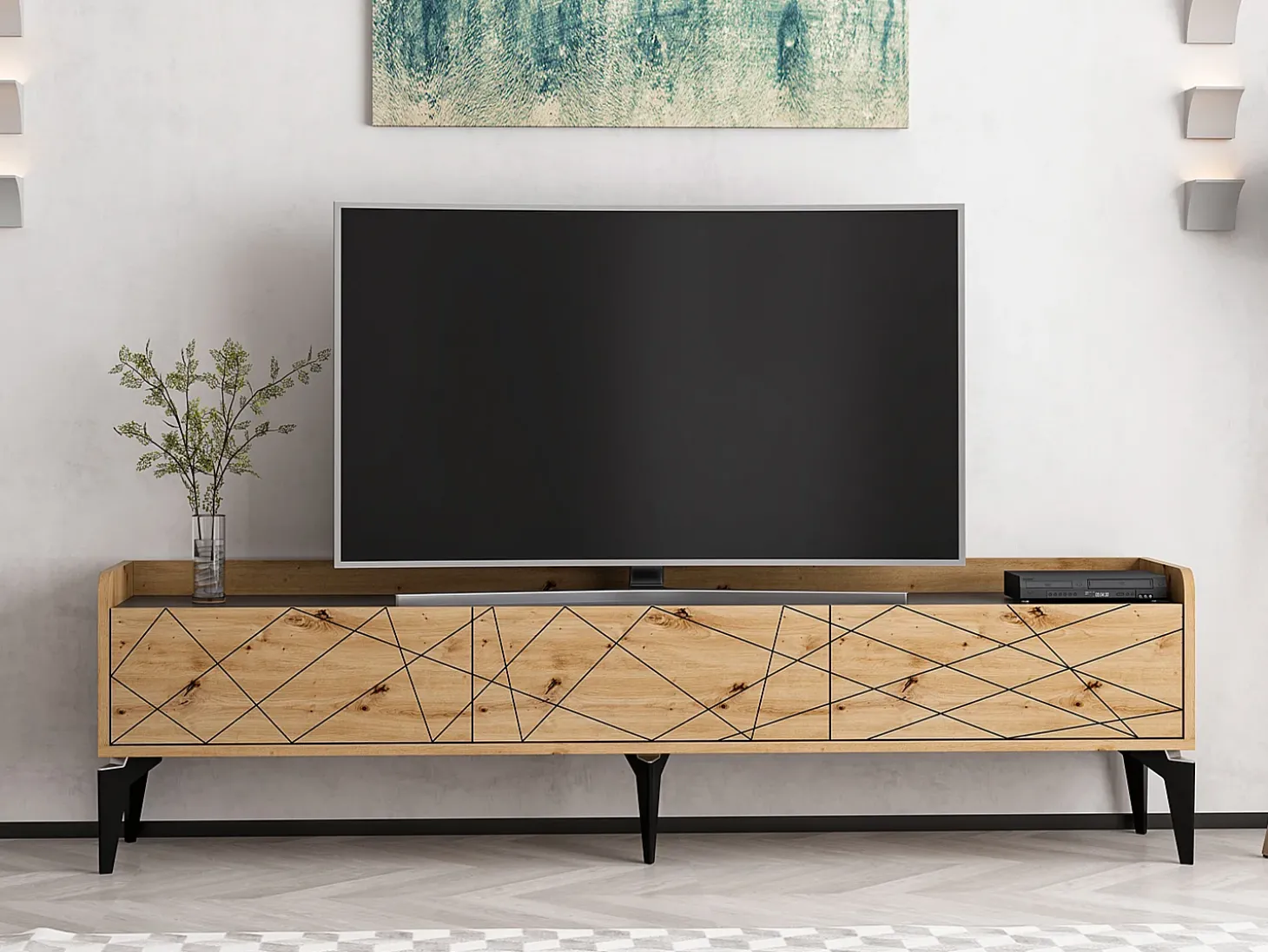 Móvel de TV com 3 portas natural e antracite - MONALIA