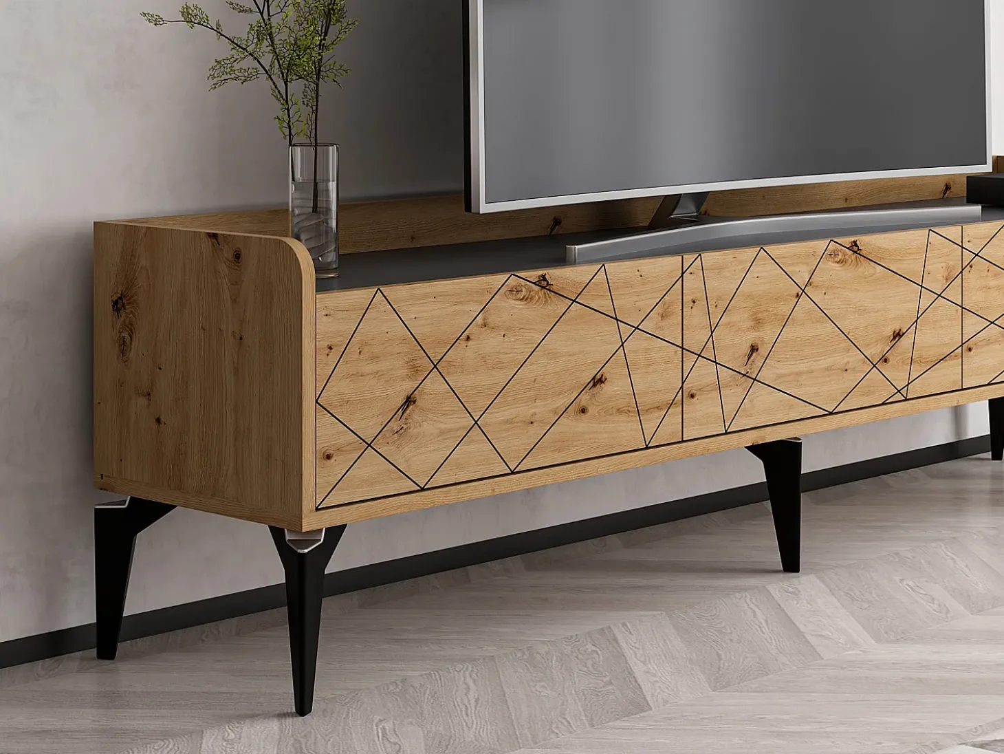 Móvel de TV com 3 portas natural e antracite - MONALIA