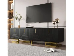 Móvel de TV com 4 portas texturizadas - 160 x 38 x 44,5 cm - puxadores e pés dourados - aglomerado - preto