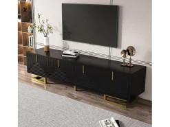 Móvel de TV com 4 portas texturizadas - 160 x 38 x 44,5 cm - puxadores e pés dourados - aglomerado - preto