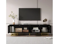 Móvel de TV com 4 portas texturizadas - 160 x 38 x 44,5 cm - puxadores e pés dourados - aglomerado - preto