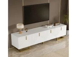 Móvel de TV com 4 portas texturizadas - 160 x 38 x 44,5 cm - puxadores e pés dourados - aglomerado - branco