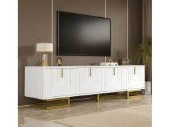 Móvel de TV com 4 portas texturizadas - 160 x 38 x 44,5 cm - puxadores e pés dourados - aglomerado - branco