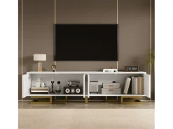 Móvel de TV com 4 portas texturizadas - 160 x 38 x 44,5 cm - puxadores e pés dourados - aglomerado - branco