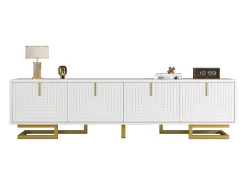 Móvel de TV com 4 portas texturizadas - 160 x 38 x 44,5 cm - puxadores e pés dourados - aglomerado - branco