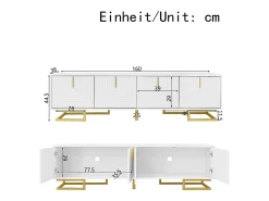 Móvel de TV com 4 portas texturizadas - 160 x 38 x 44,5 cm - puxadores e pés dourados - aglomerado - branco