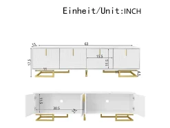 Móvel de TV com 4 portas texturizadas - 160 x 38 x 44,5 cm - puxadores e pés dourados - aglomerado - branco