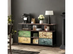 Móvel de TV com LED RGB, 4 Gavetas de Tecido Vintage, Estrutura Metálica, 108x30x57cm, Prateleira Ajustável