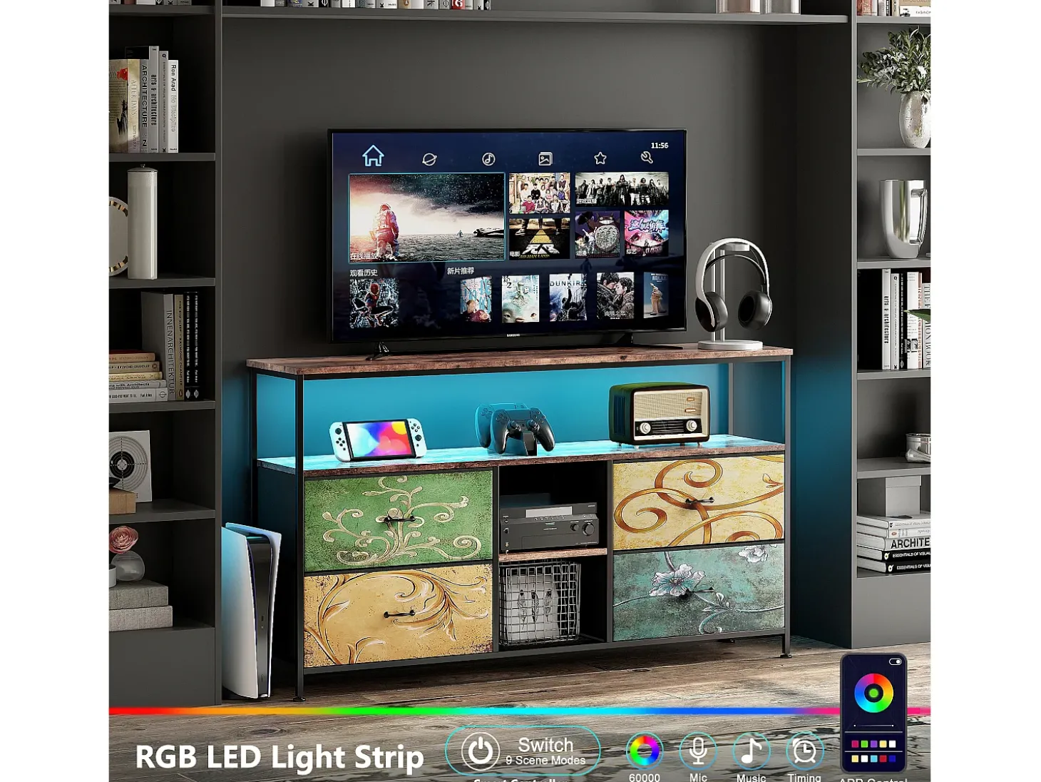 Móvel de TV com LED RGB, 4 Gavetas de Tecido Vintage, Estrutura Metálica, 108x30x57cm, Prateleira Ajustável
