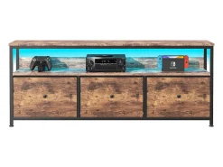 Móvel de TV com LED RGB, 3 gavetas de tecido vintage, estrutura metálica - 108 x 30 x 57 cm, prateleira ajustável
