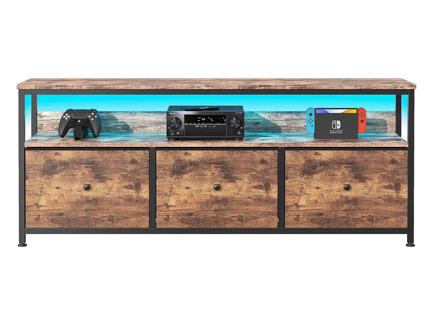 Móvel de TV com LED RGB, 3 gavetas de tecido vintage, estrutura metálica - 108 x 30 x 57 cm, prateleira ajustável