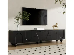 Móvel de TV com pés de madeira - 180 x 40 x 42 cm - com 2 gavetas + 4 portas - aglomerado - preto