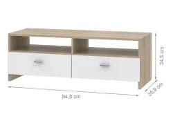 Móvel de TV contemporâneo branco fosco e carvalho, armazenamento inteligente, 95 cm