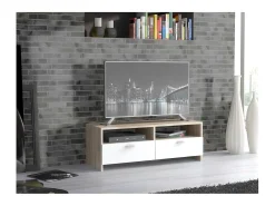 Móvel de TV contemporâneo branco fosco e carvalho, armazenamento inteligente, 95 cm
