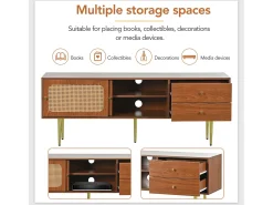 Móvel de TV de 160 cm com 2 gavetas 2 portas de correr - Padrão Rattan - Madeira MDF e metal - Cor nogueira